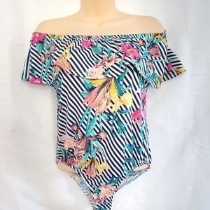 Beware White Blue Striped Floral Off Shoulder Ruffle Stretch Bodysuit Size Large
